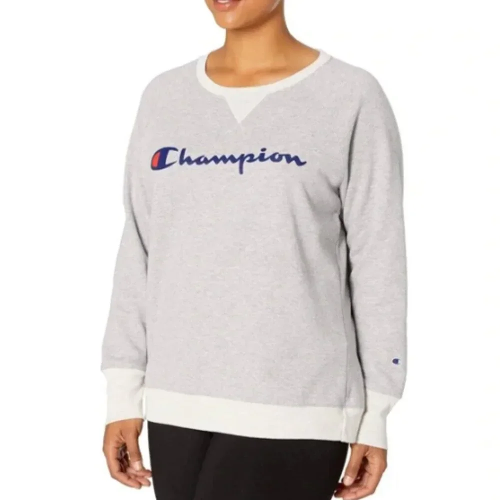 Champion Gray Crewneck Sweatshirt Cream Trim Fleece Logo Plus Size 2X - Picture 3 of 15